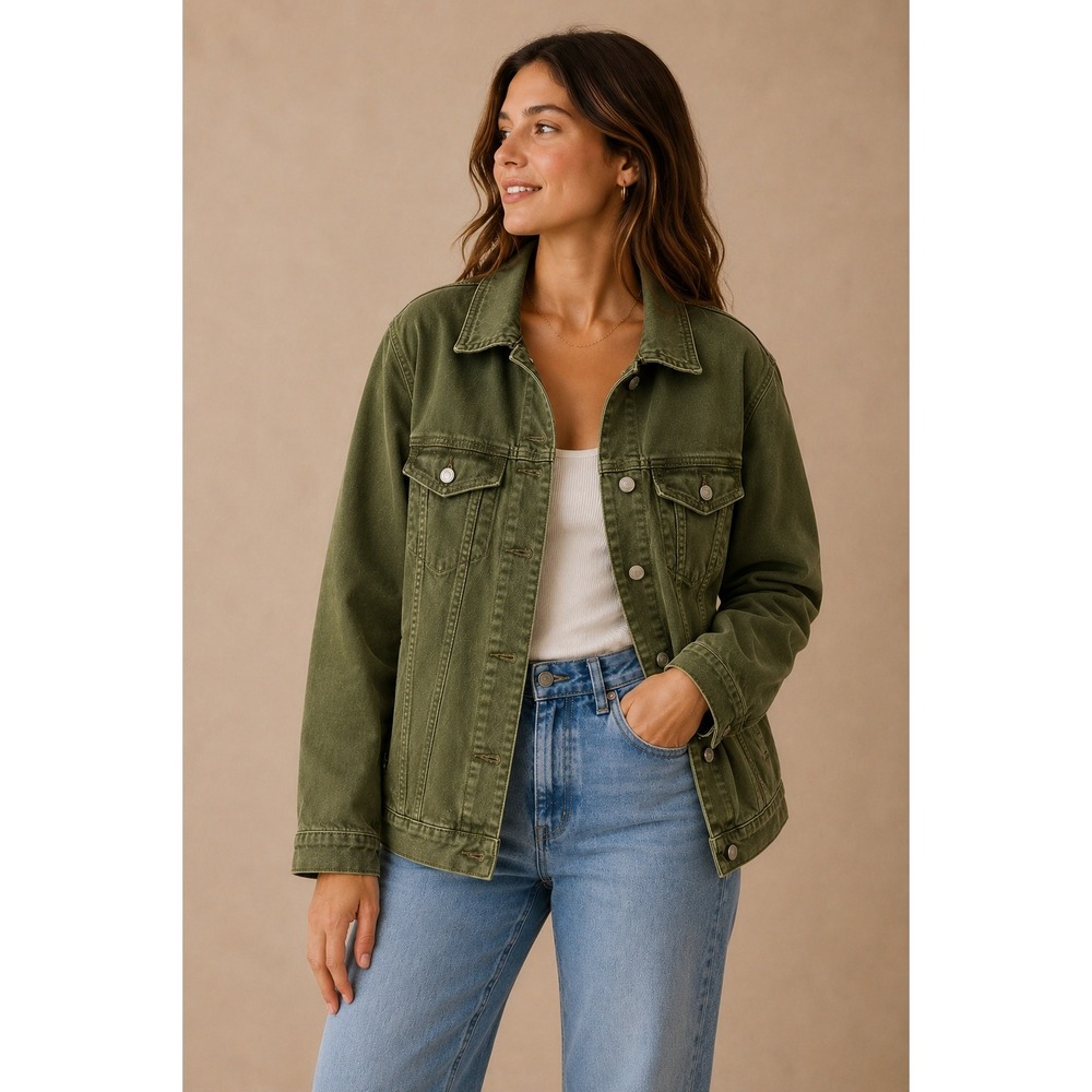 Zara Women Denim Jacket M Green Classic Button Up Long Sleeve Cotton Blend